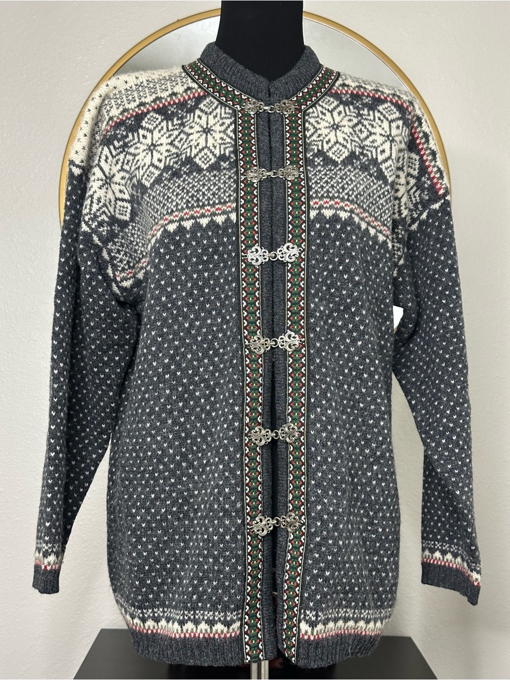 Men's Dark Gray Nordic Knit Cardigan with Toggle Clasps